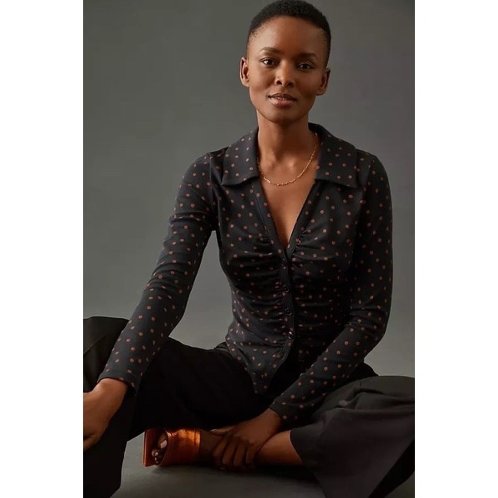 Anthropologie Maeve Ruched Knit‎ Black and Orange Polka Dot Long Sleeve Shirt